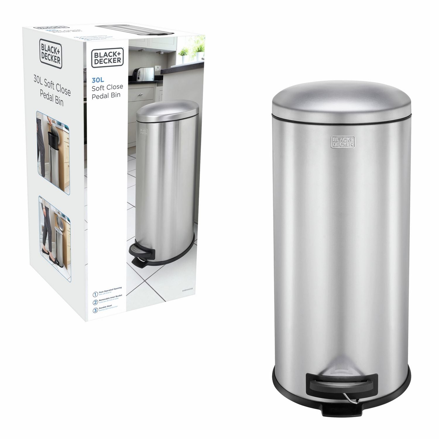Black+Decker 30 litre stainless steel pedal bin, UK version