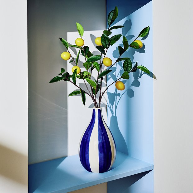 Argos Home artificial lemons in blue striped vase 68cm, UK version