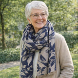 POM jacquard scarf blue and grey leaf silhouette, imported from the UK