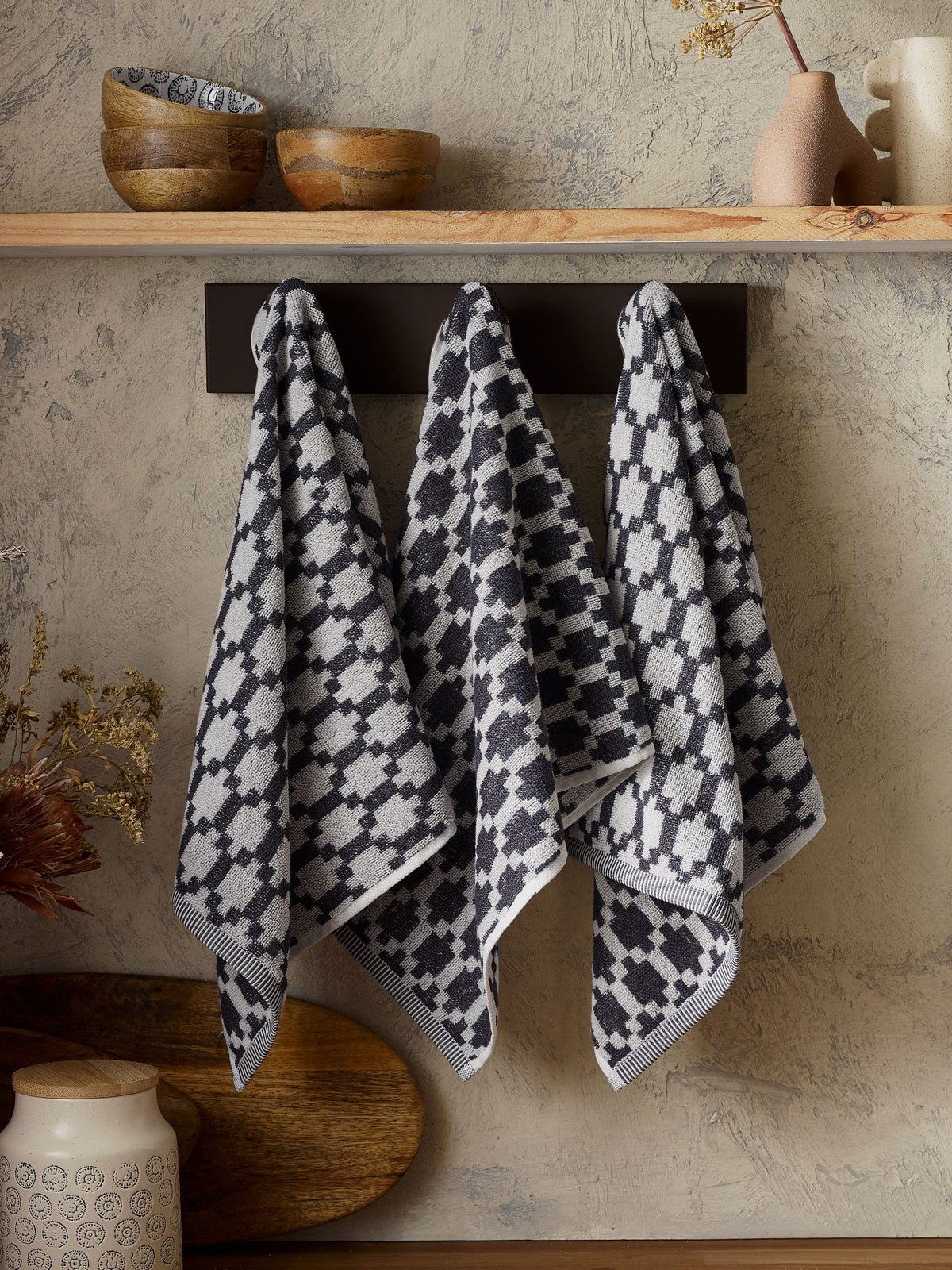 Set of 3 Black/White Terry Tea 100% Cotton Towels