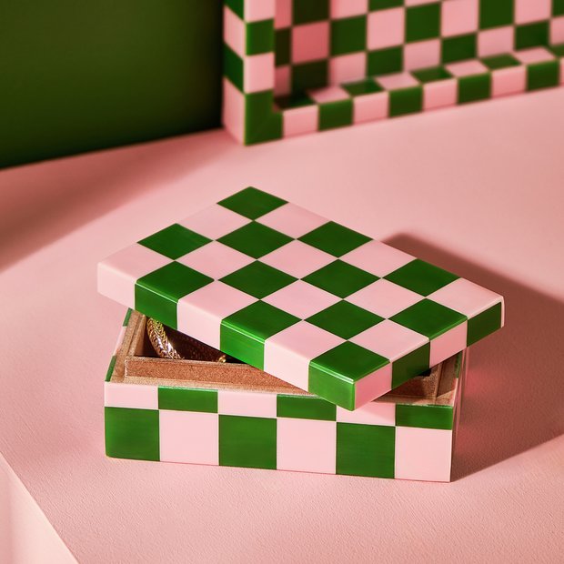 Habitat Brights checkered trinket box in pink and green, UK version