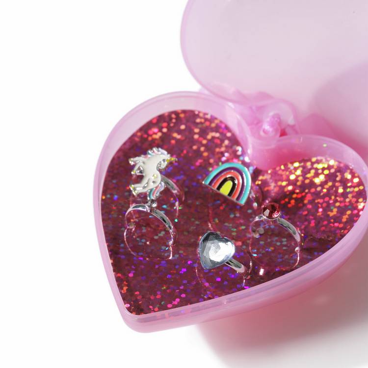 Flitzy unicorn rainbow ring pack in glitter heart box, imported from the UK