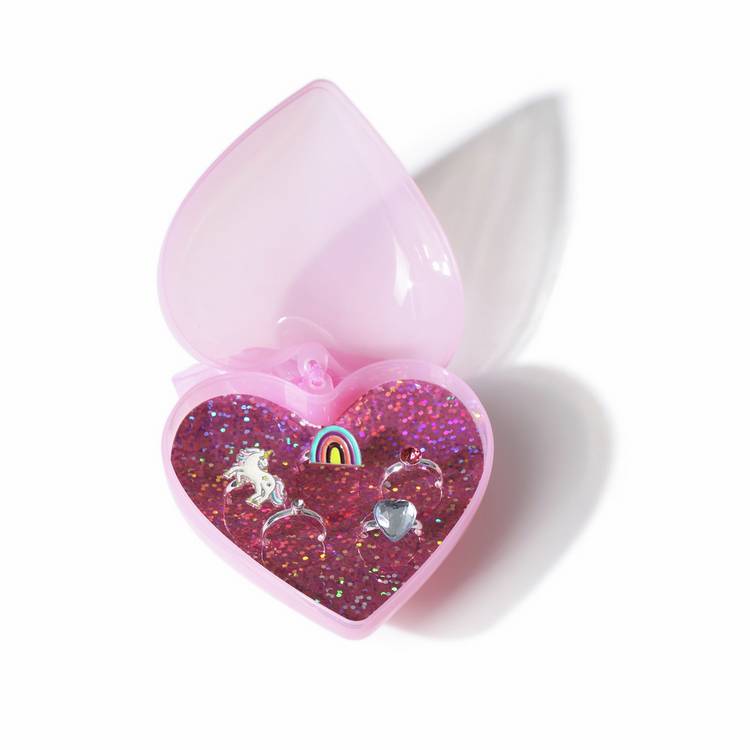 Flitzy unicorn rainbow ring pack in glitter heart box, imported from the UK