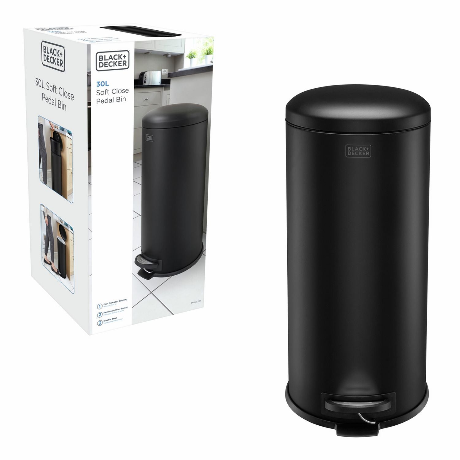 Black+Decker 30L dome lid pedal bin, imported from the UK