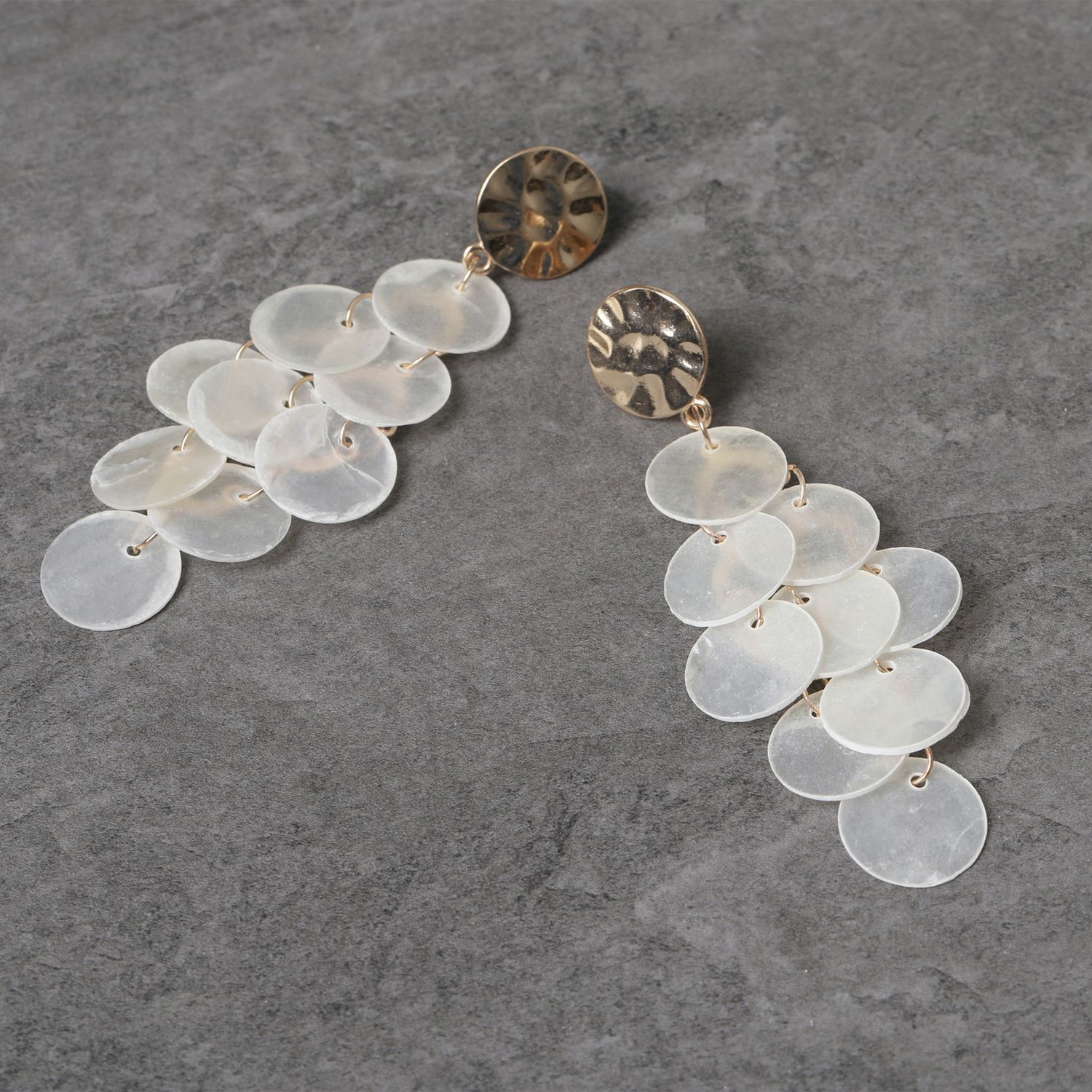 Freedom white shell disc drop earrings 60mm drop - British product