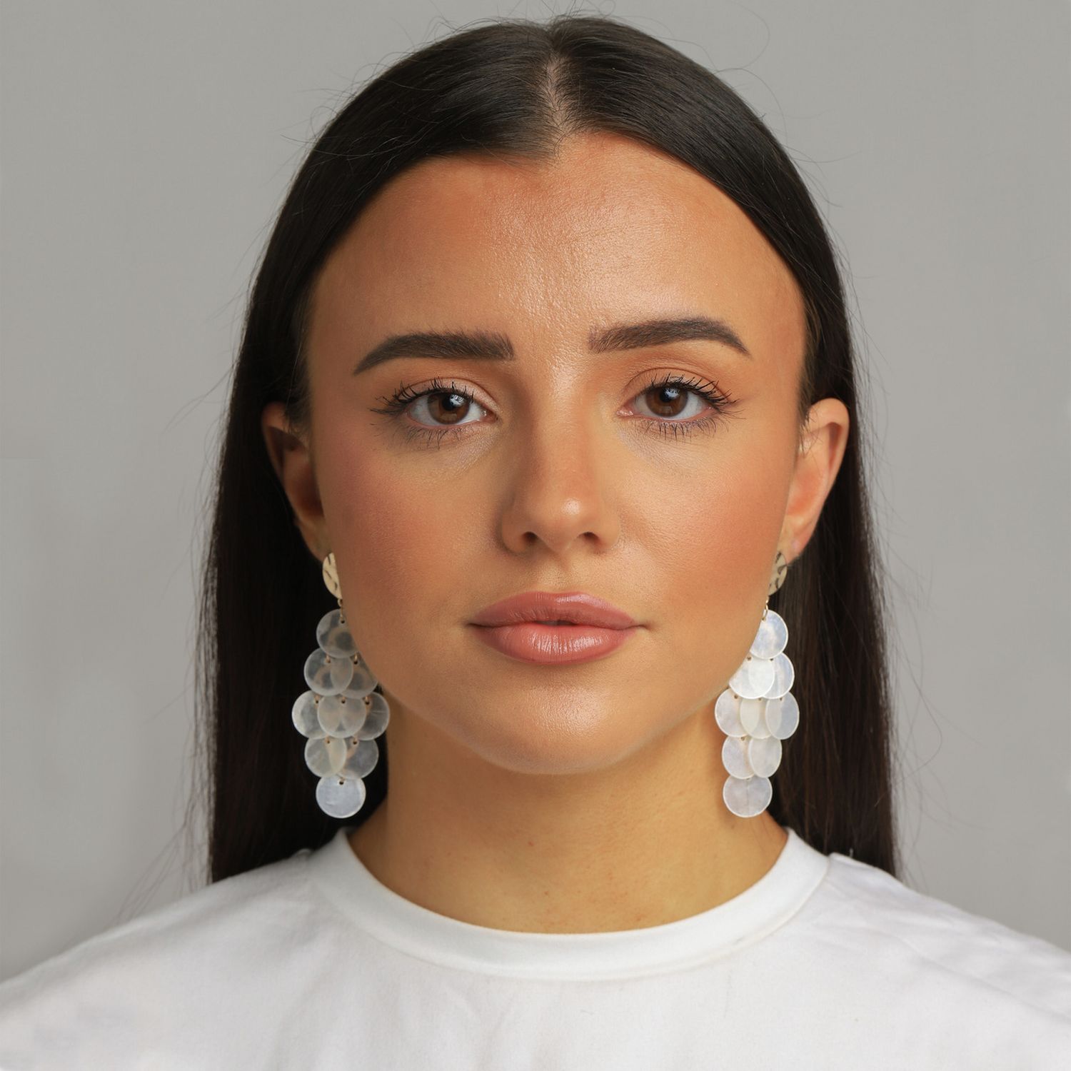 Freedom white shell disc drop earrings 60mm drop - British product