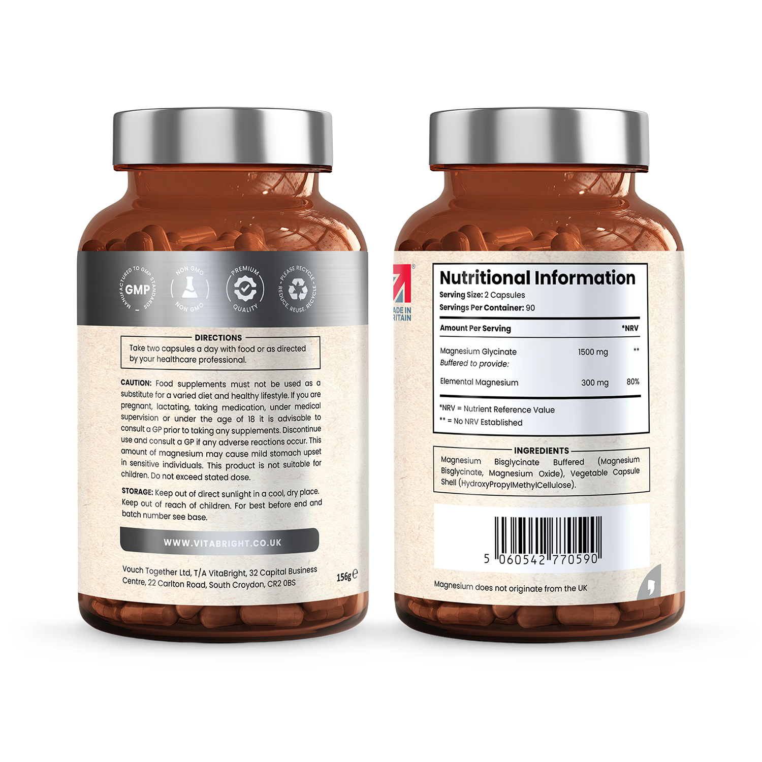 VitaBright magnesium glycinate 1500mg 180 capsules, imported from the UK