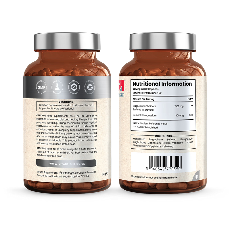 VitaBright magnesium glycinate 1500mg 180 capsules, imported from the UK
