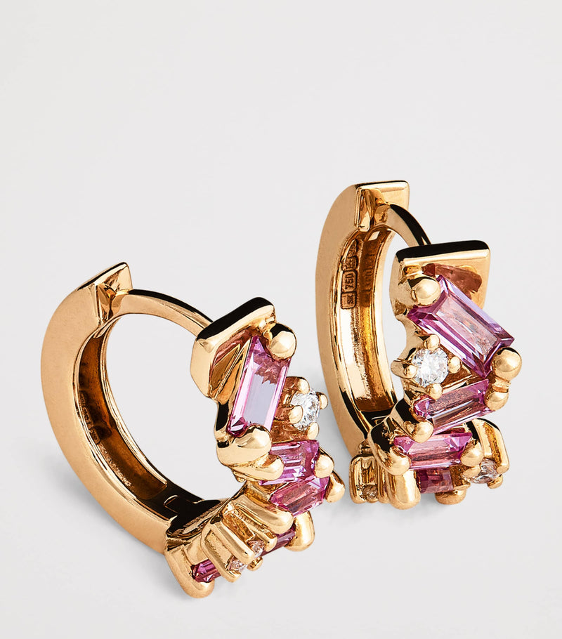Suzanne Kalan Frenzy huggie earrings in rose gold with diamond and pink sapphire (British brand)