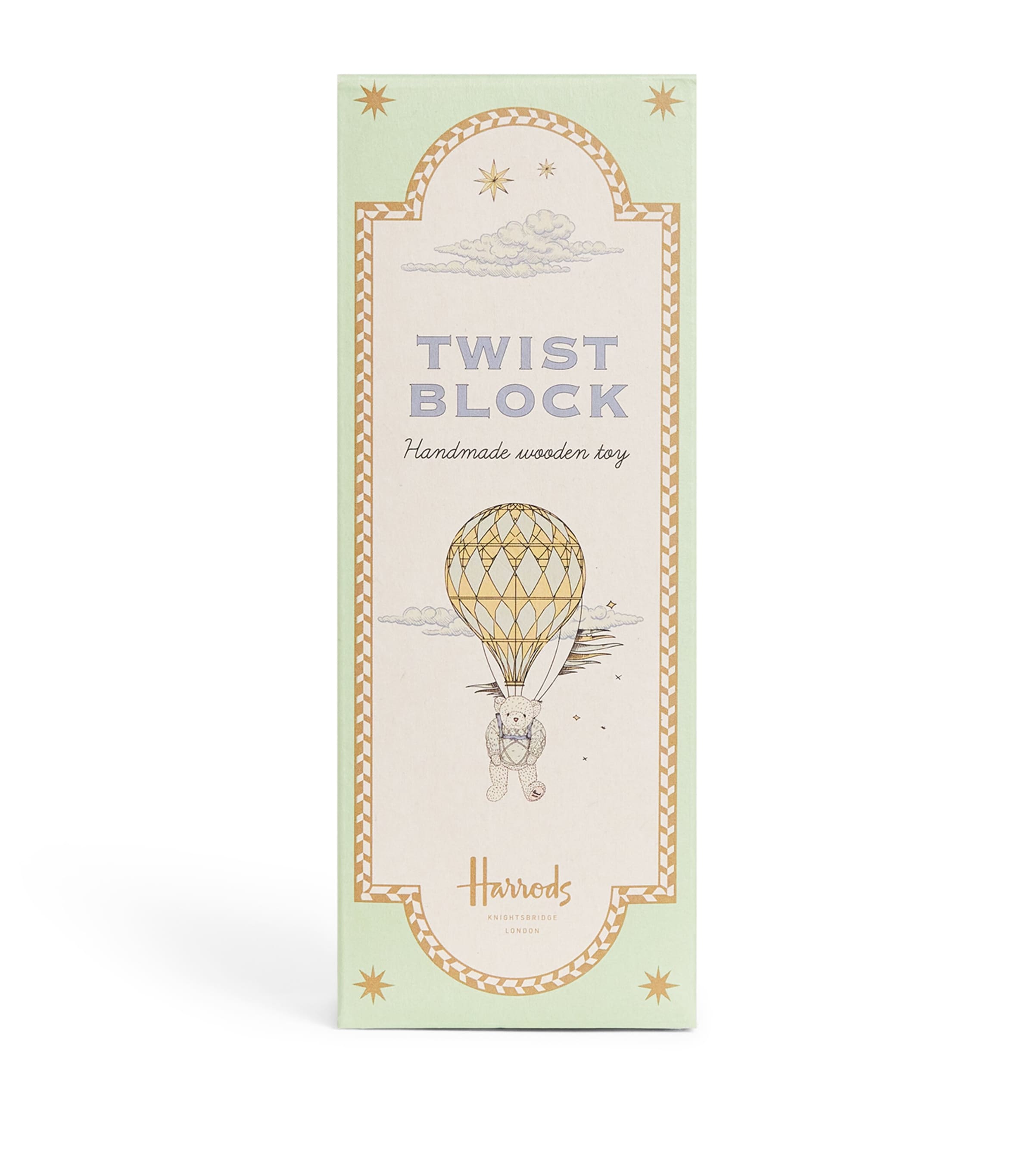 Harrods wooden twist block toy with three illustrated pastel prints, UK version