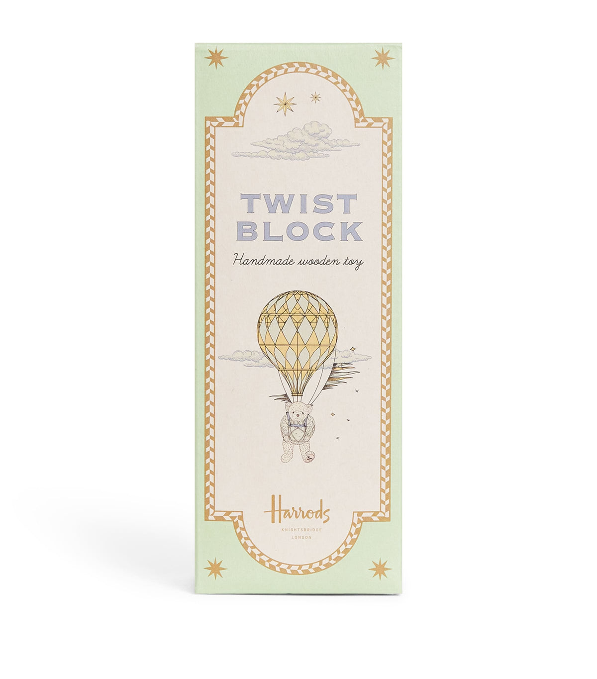 Harrods wooden twist block toy with three illustrated pastel prints, UK version