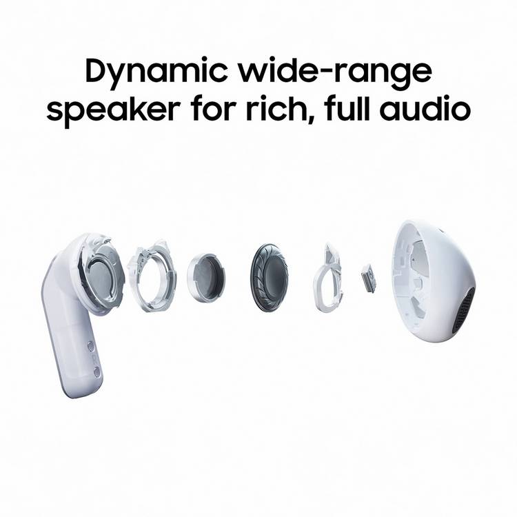 Samsung Galaxy Buds4 white true wireless earbuds, imported from the UK