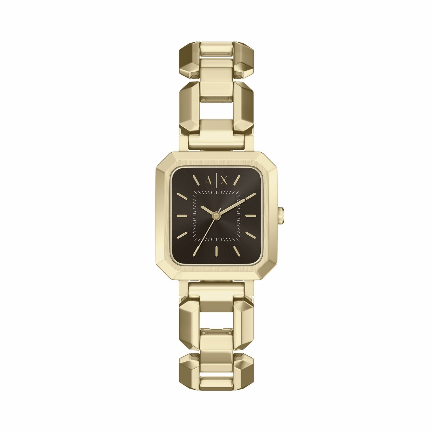 Armani Exchange gold tone stainless steel watch rectangular case, UK version