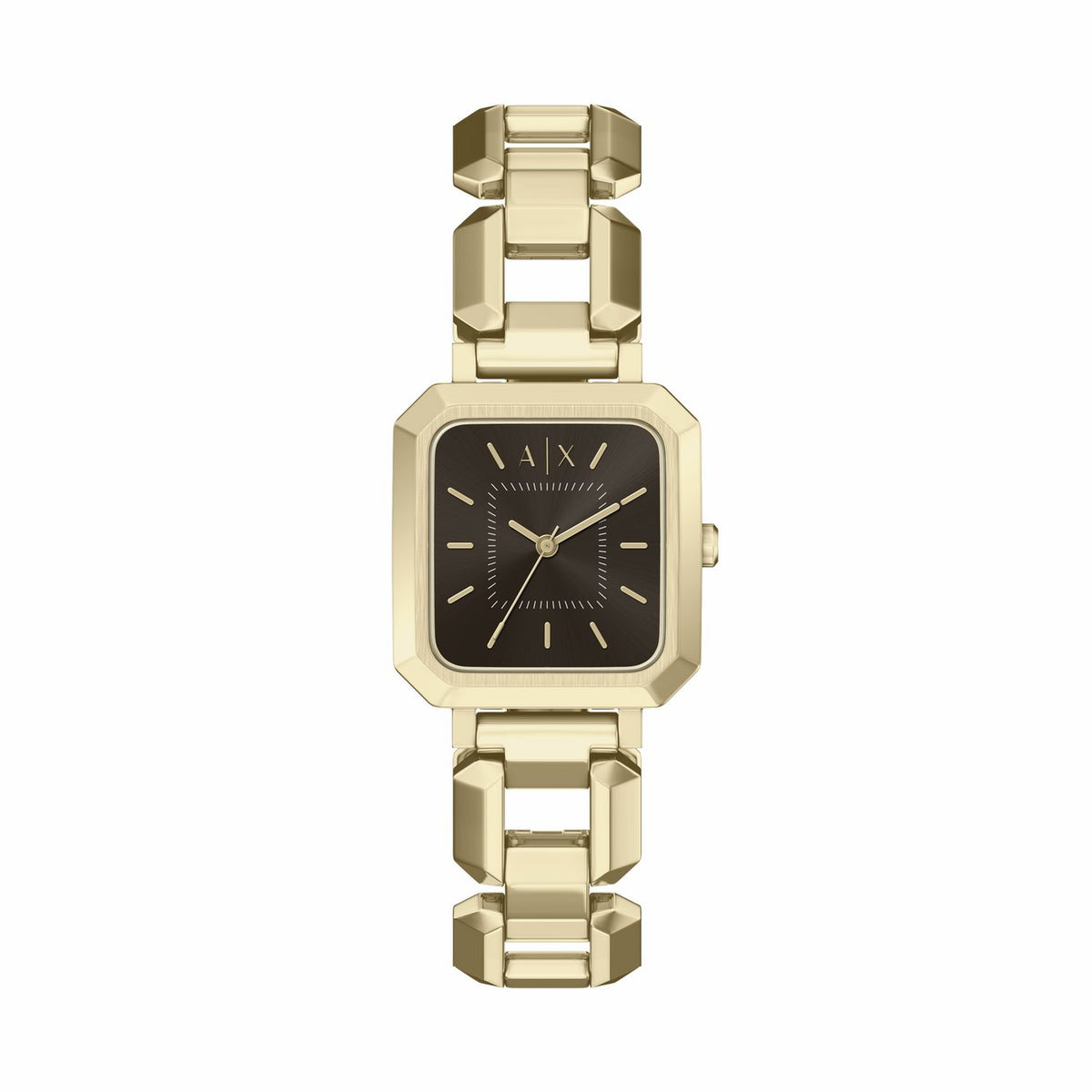 Armani Exchange gold tone stainless steel watch rectangular case, UK version