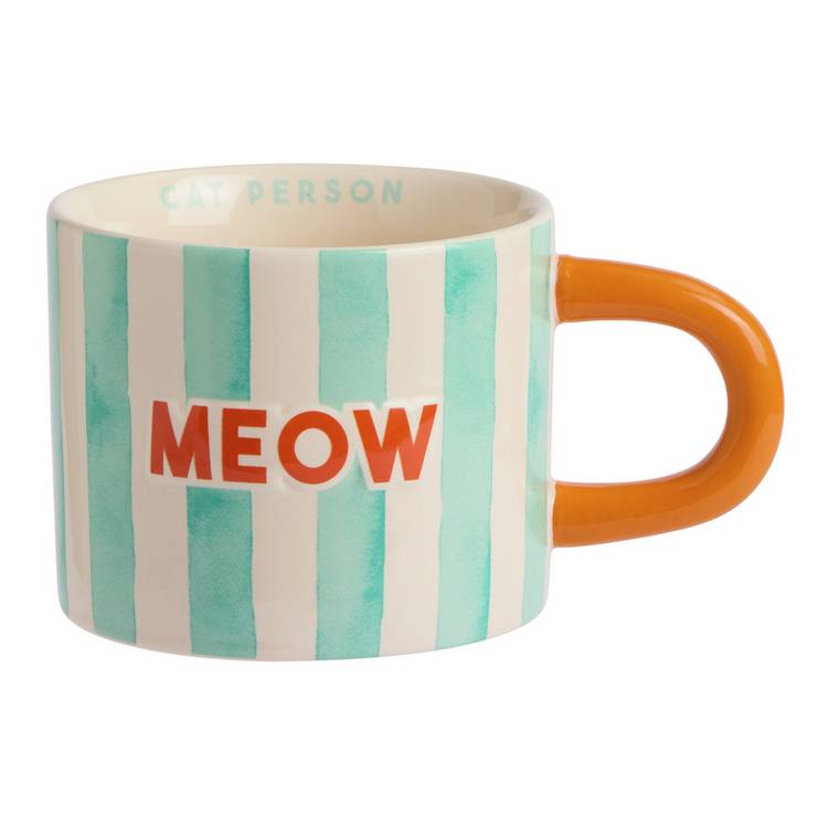 Argos Home mint green stripes meow decal stoneware mug 320ml (British brand)