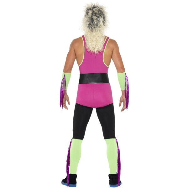 Smiffys retro wrestler costume multicoloured bodysuit belt cuffs, imported from the UK