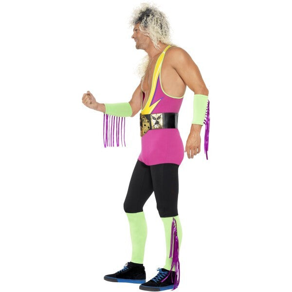 Smiffys retro wrestler costume multicoloured bodysuit belt cuffs, imported from the UK