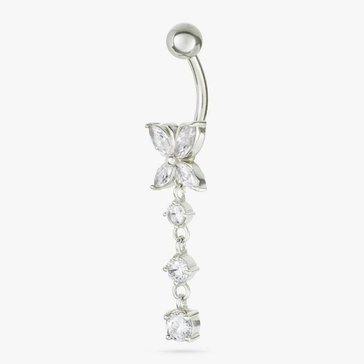 Revere cubic zirconia flower belly bar with gem drop, UK version