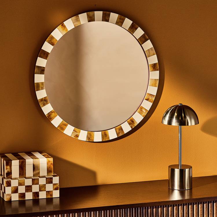 Habitat checkered brown resin round wall mirror 50cm, imported from the UK
