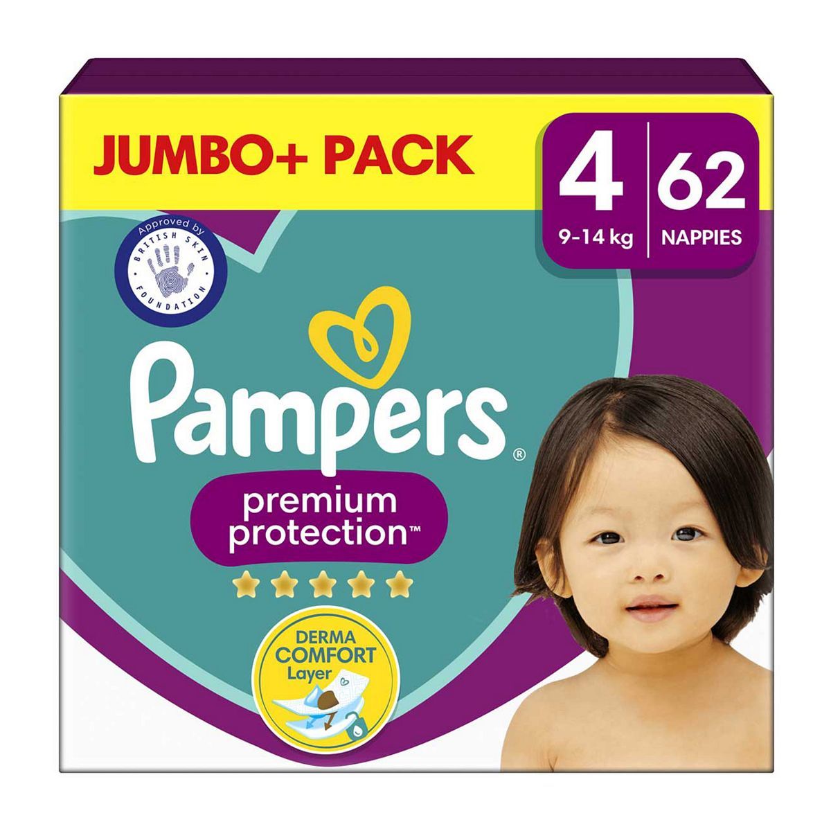 Pampers Premium Protection Size 4, 62 Nappies, 9kg - 14kg, Jumbo+ Pack GOODS Boots   