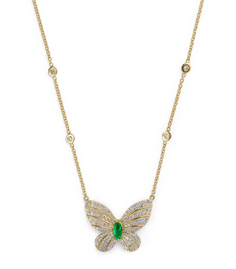Jacquie Aiche butterfly necklace yellow gold diamonds emerald - British product