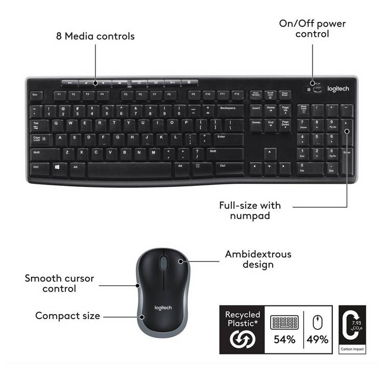 Logitech wireless mouse and keyboard set MK270, UK version