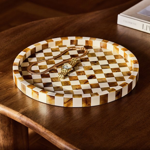 Habitat checkered brown and white round resin trinket tray 30cm, imported from the UK