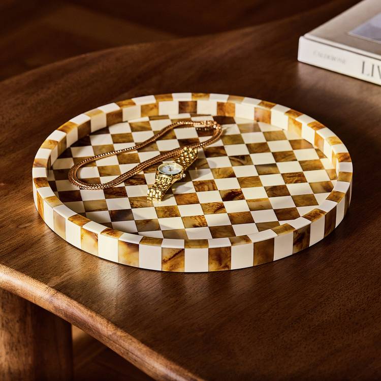 Habitat checkered brown and white round resin trinket tray 30cm, imported from the UK
