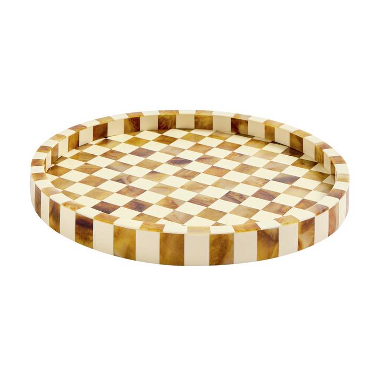 Habitat checkered brown and white round resin trinket tray 30cm, imported from the UK