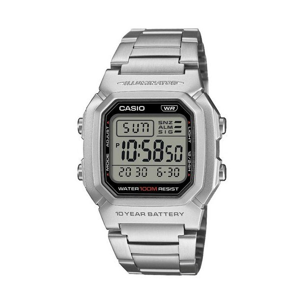 Casio men's grey digital watch with stainless steel strap (British brand)