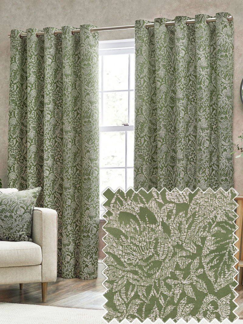Wylder Olive Green Bali Jacquard Fully Lined Eyelet Curtains