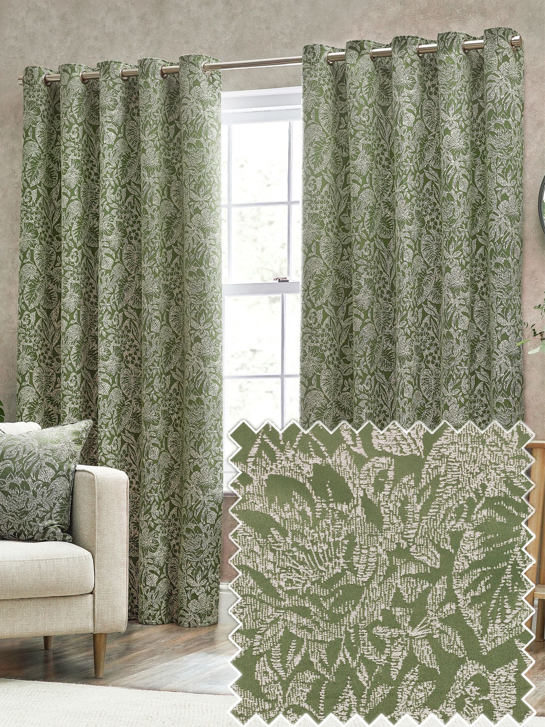 Wylder Olive Green Bali Jacquard Fully Lined Eyelet Curtains
