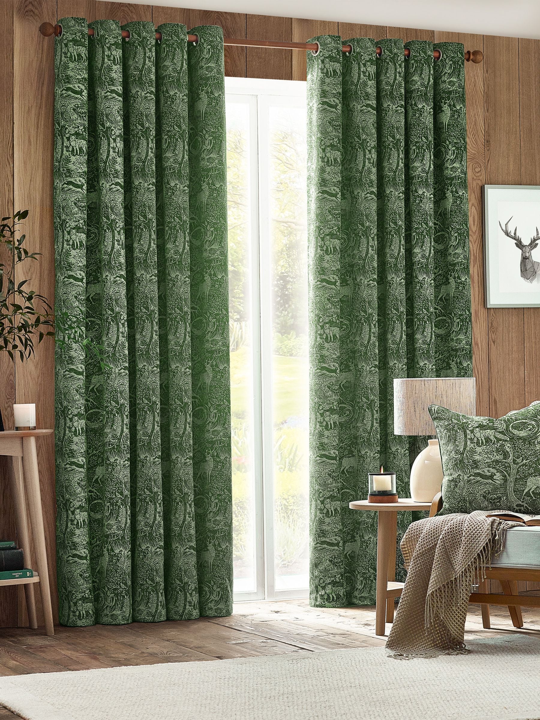Furn Emerald Green Winter Woods Fully Lined Chenille Eyelet Curtains