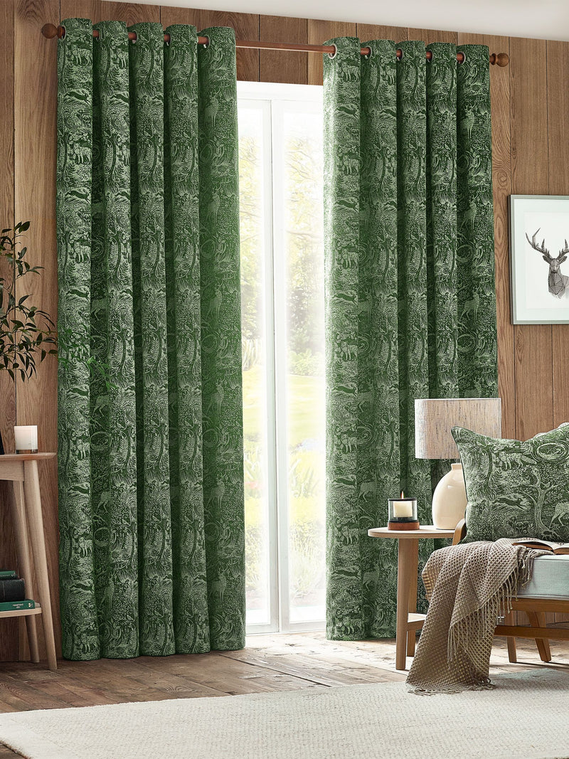 Furn Emerald Green Winter Woods Fully Lined Chenille Eyelet Curtains