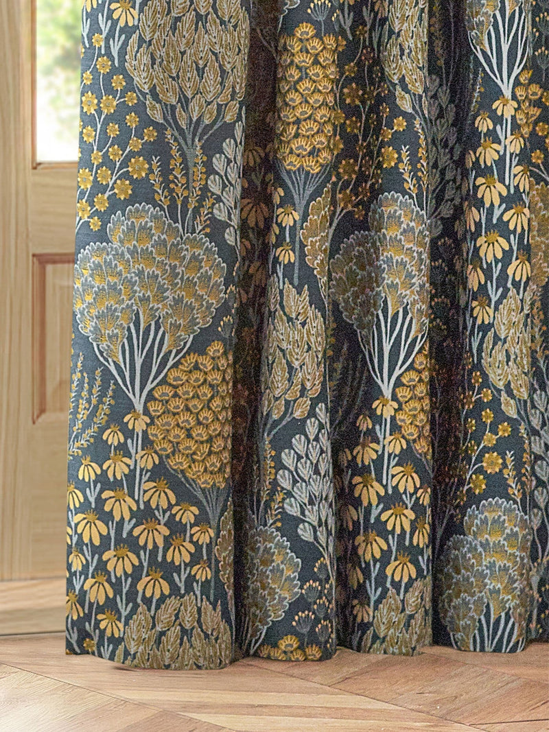 Wylder Ophelia floral jacquard curtains in blue and saffron - British product