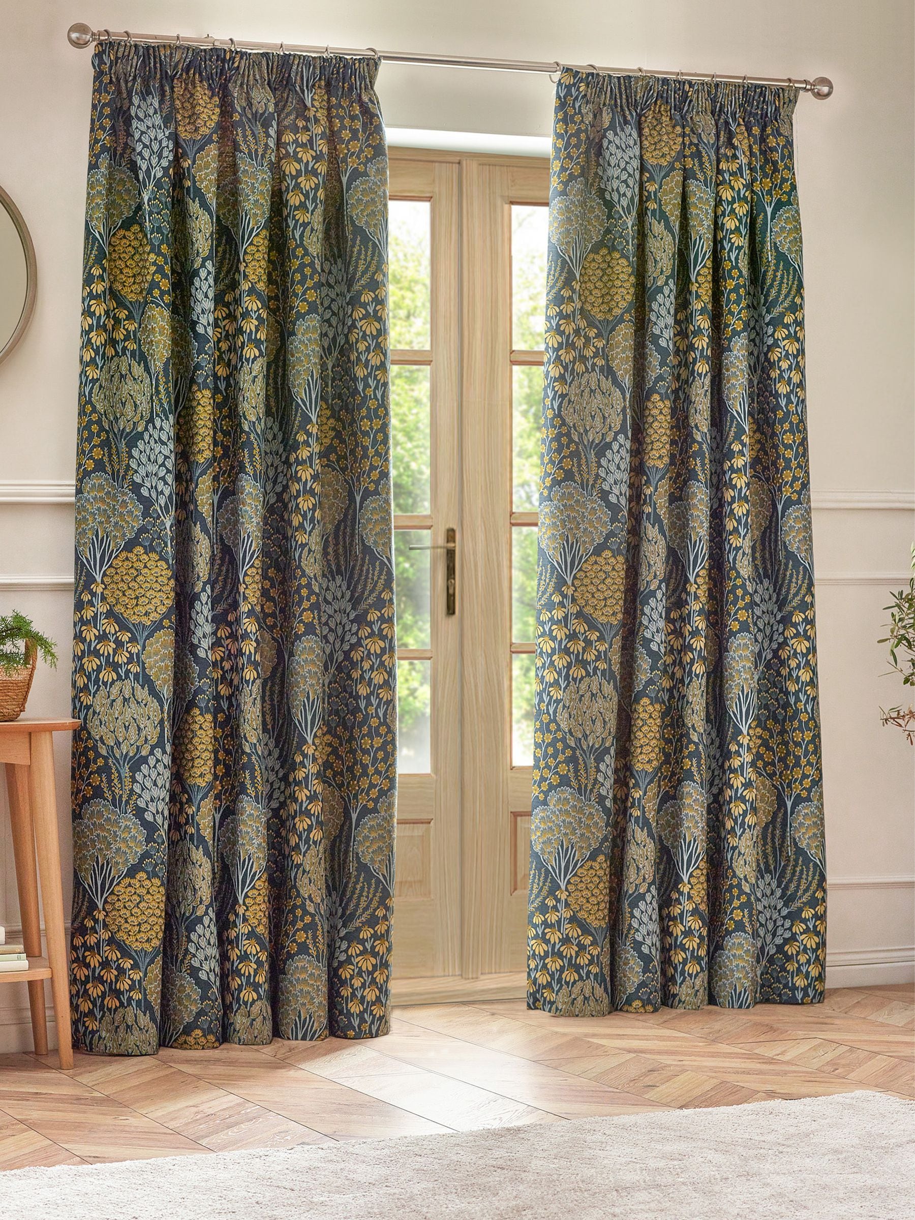 Wylder Ophelia floral jacquard curtains in blue and saffron - British product