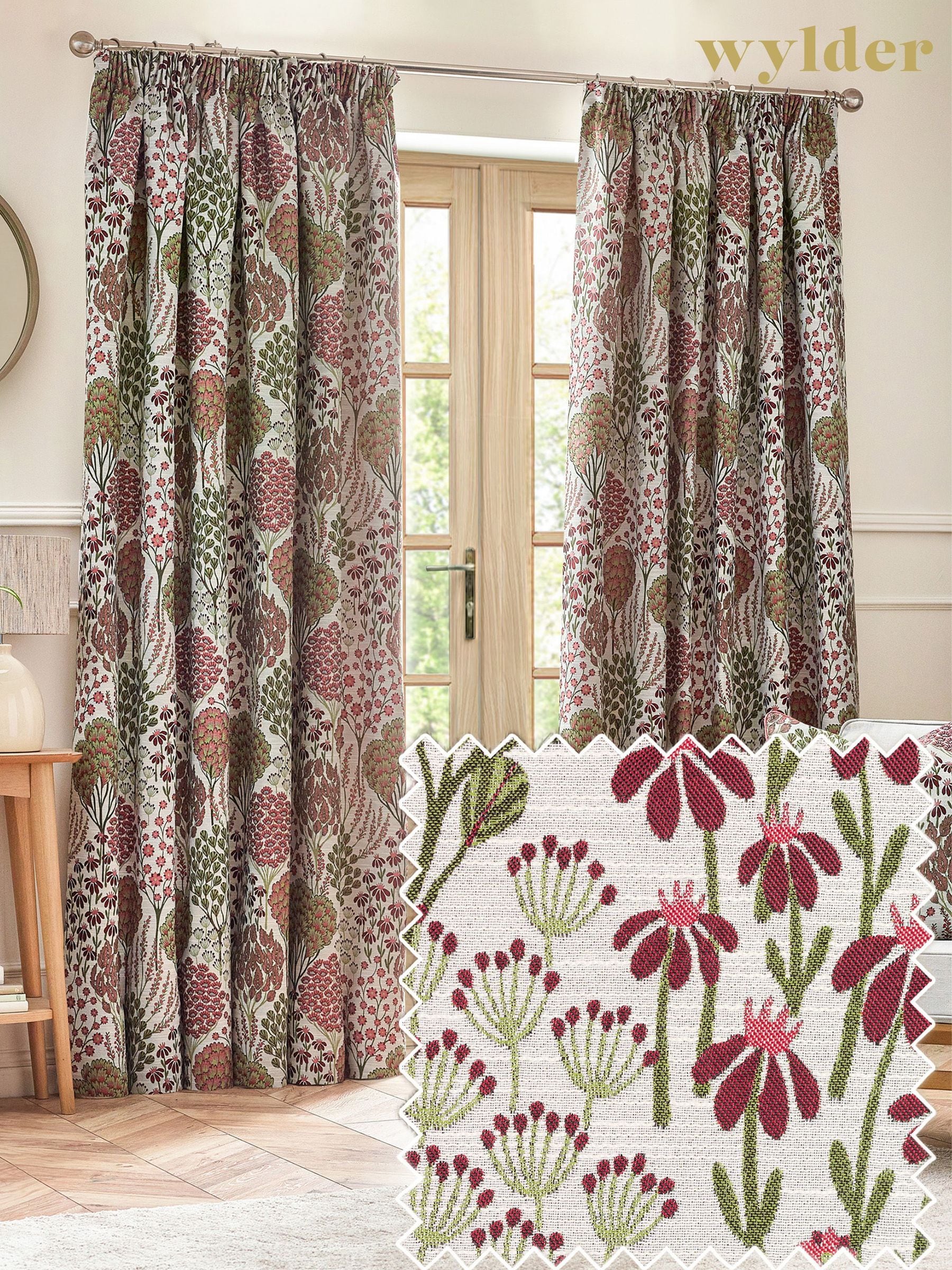 Wylder Rednut Ophelia floral jacquard curtains, UK version