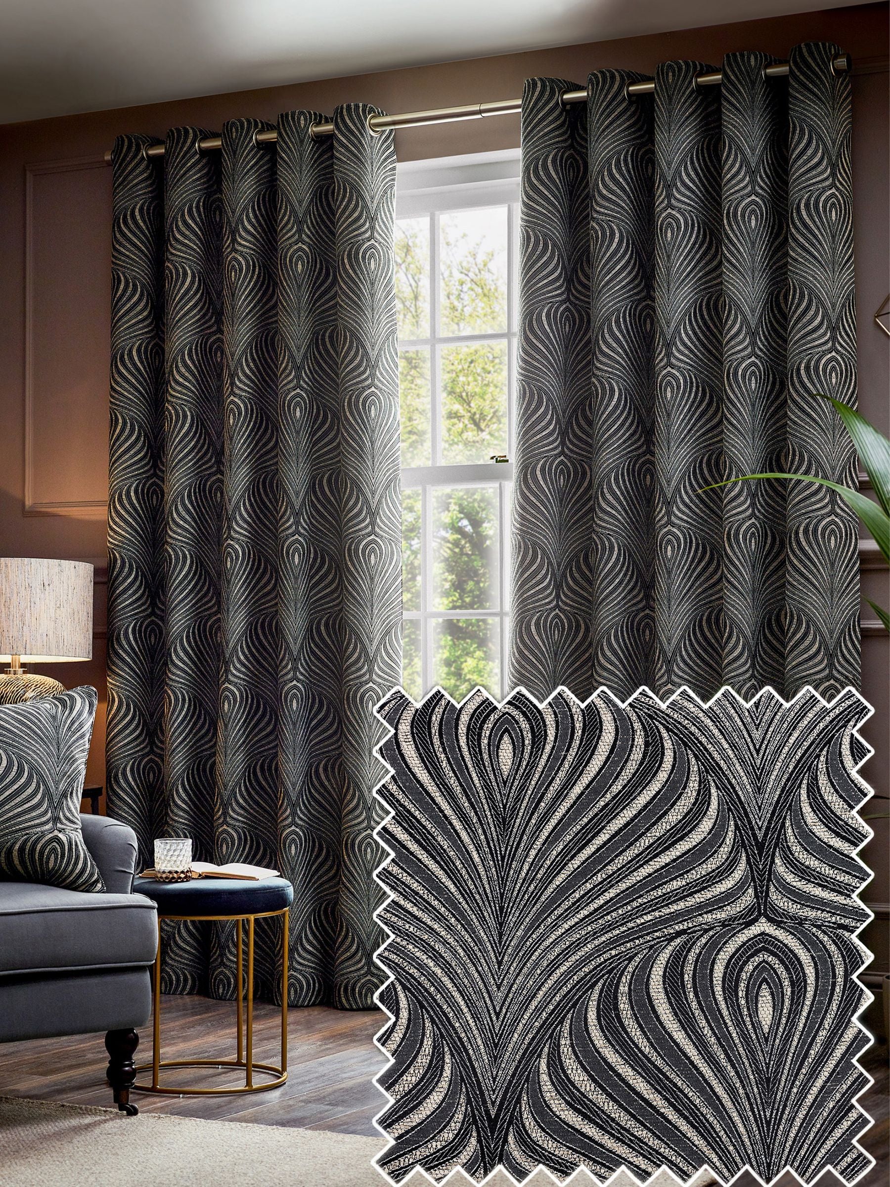 Paoletti Black Gatsby Jacquard Eyelet Curtains