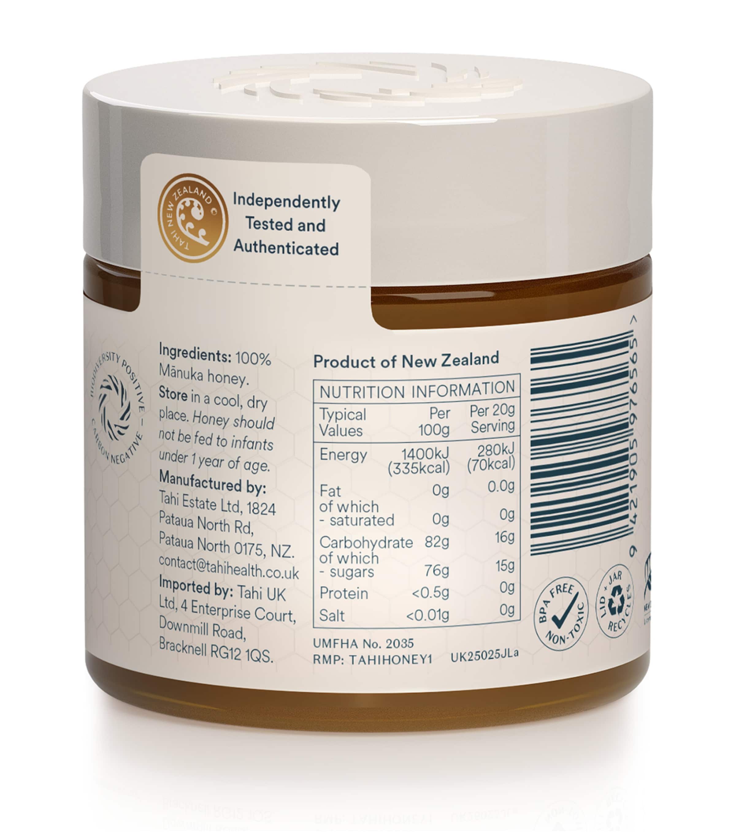 Tahi Honey Manuka Honey UMF 25+ MGO 1200+ 250g jar (British brand)