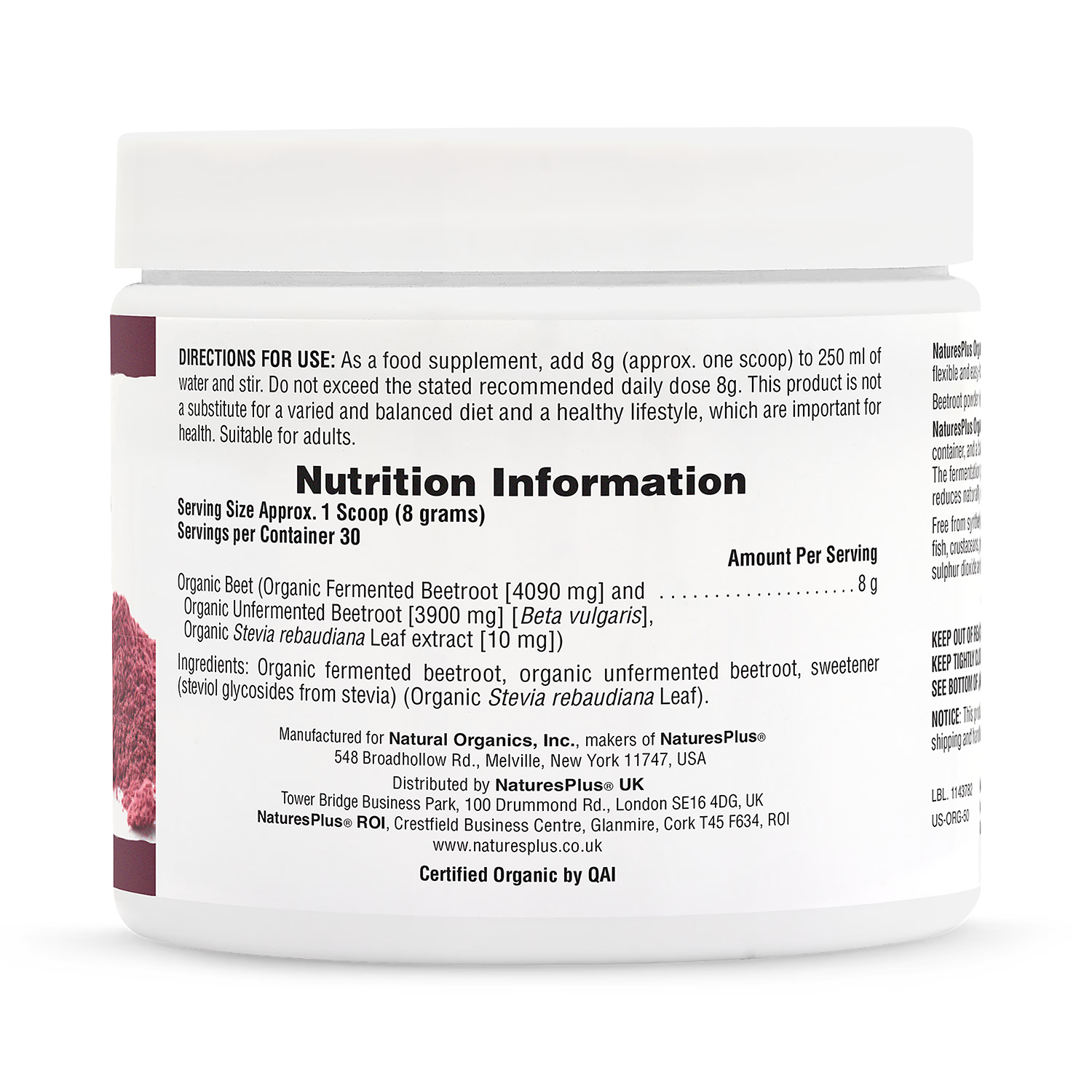 NaturesPlus organic beet powder 240g, imported from the UK