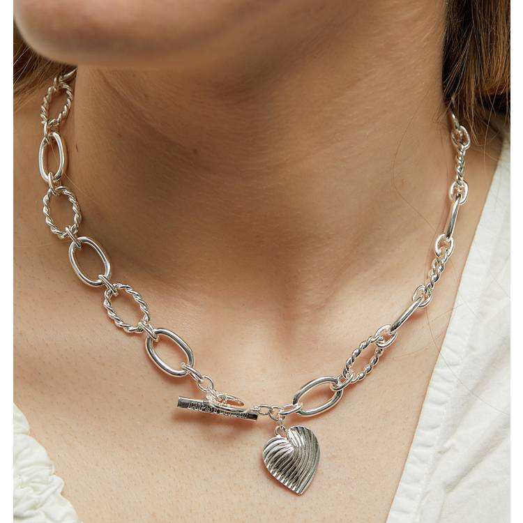 Lipsy silver plated textured heart charm T-bar necklace, imported from the UK