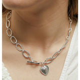 Lipsy silver plated textured heart charm T-bar necklace, imported from the UK