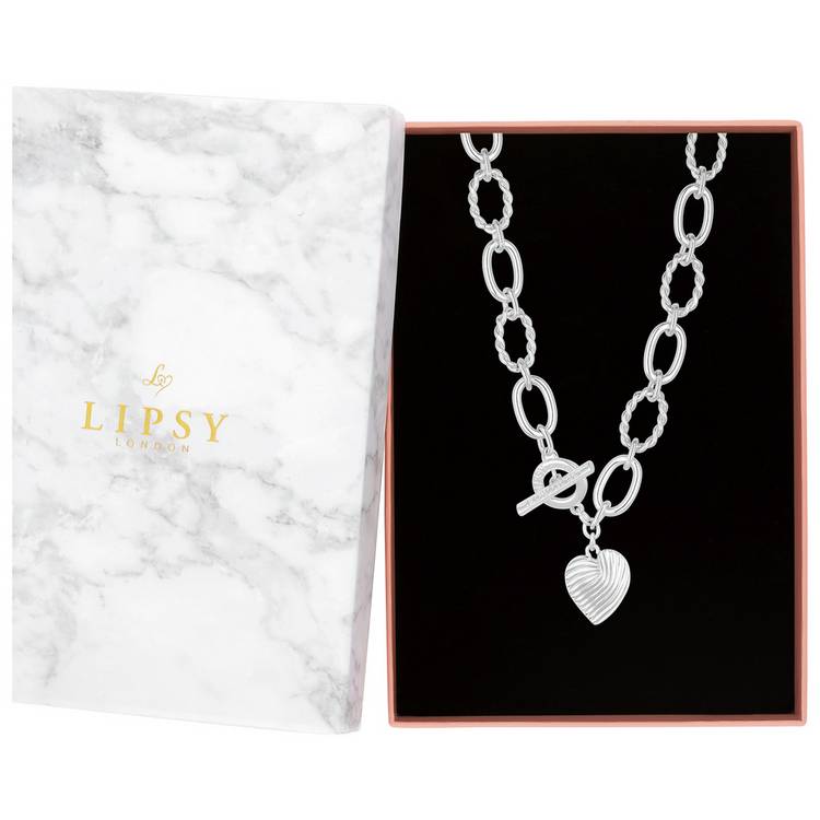 Lipsy silver plated textured heart charm T-bar necklace, imported from the UK