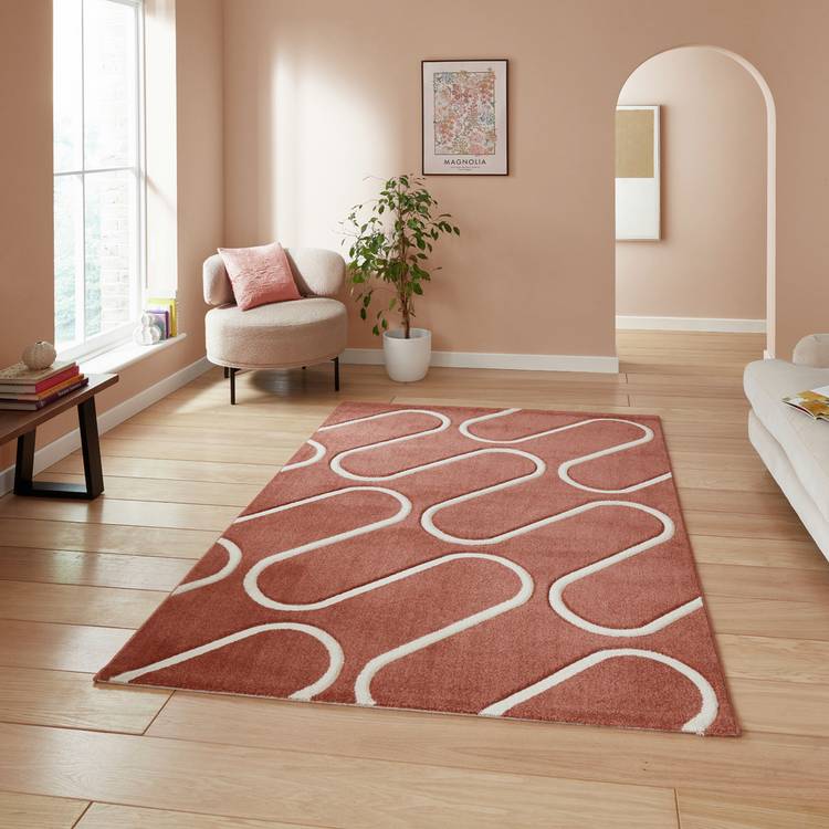 Catherine Lansfield linear curve terracotta rug 80x150cm, imported from the UK