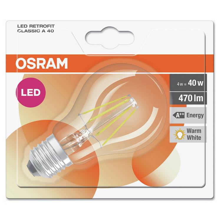 Osram 4W filament LED classic glass bulb twin pack, UK version