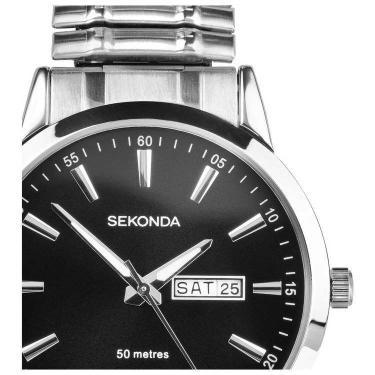 Sekonda men's watch black dial 42mm stainless steel expander bracelet (British brand)