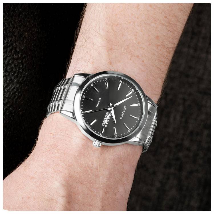 Sekonda men's watch black dial 42mm stainless steel expander bracelet (British brand)