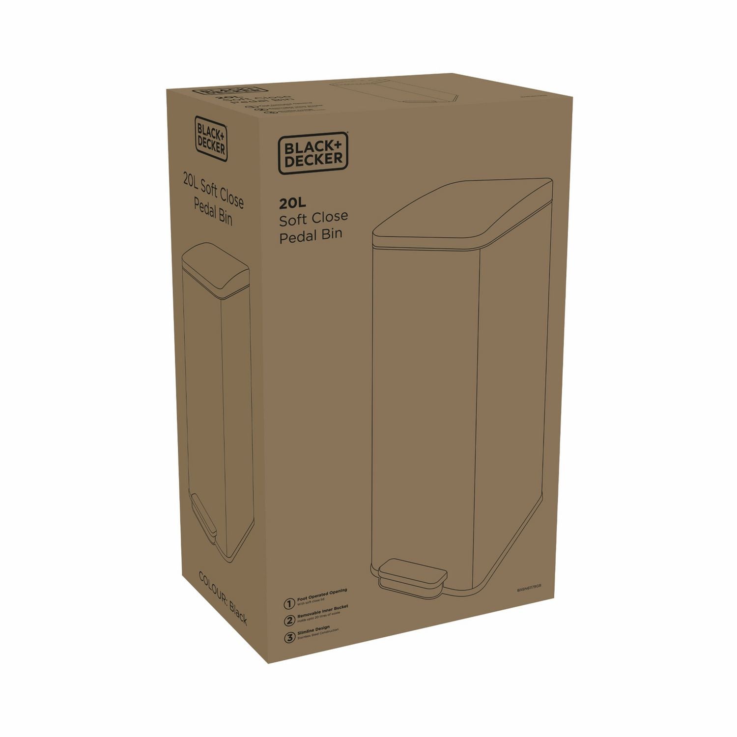 Black+Decker 20 litre pedal bin with soft close lid - British product