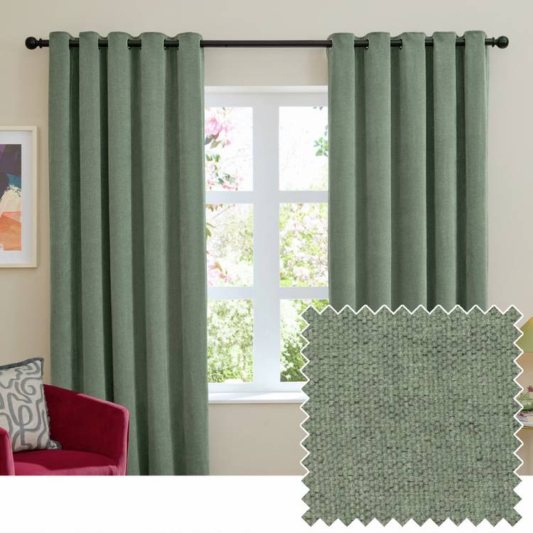 Furn soft chenille blackout eyelet curtains green 117x137cm, UK version