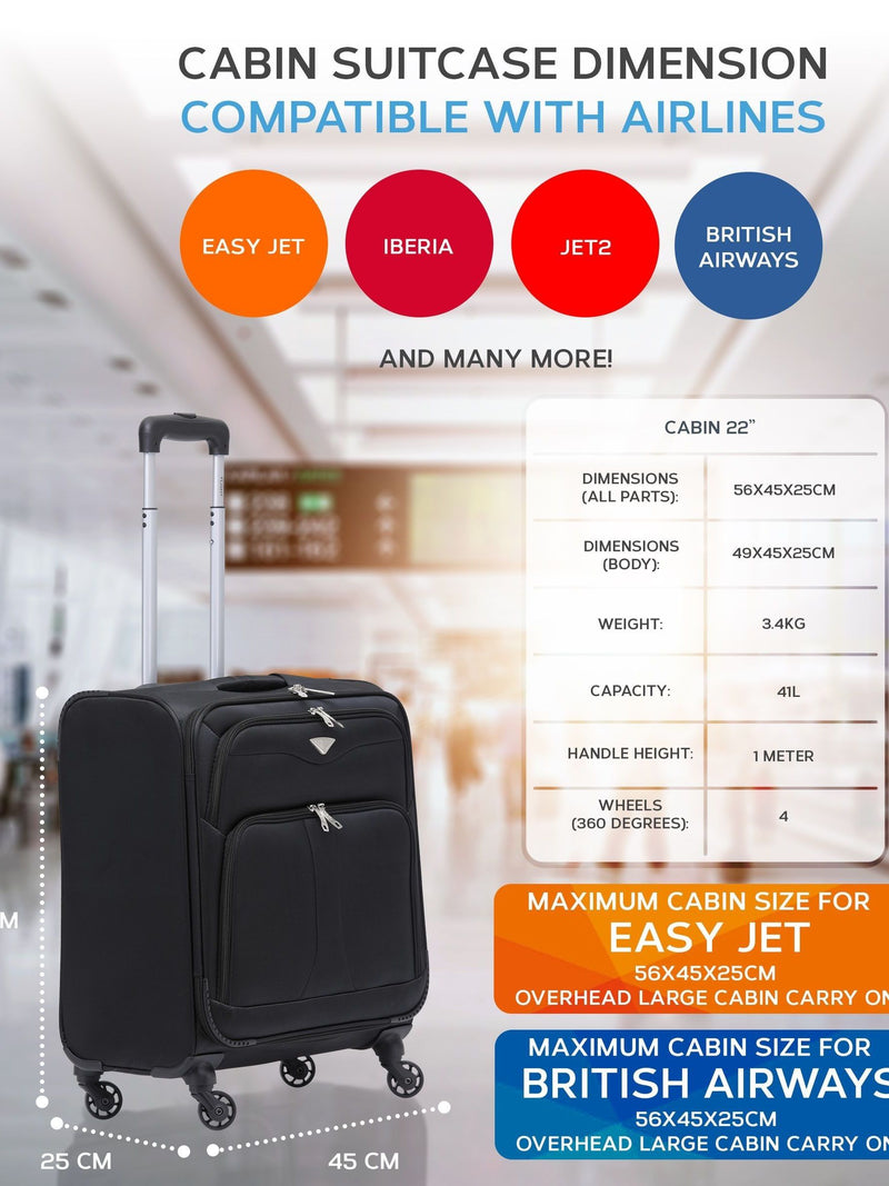 Flight Knight Black Flight Knight 56x45x25cm EasyJet Overhead Soft Case Cabin Carry On Suitcase Hand Black Luggage